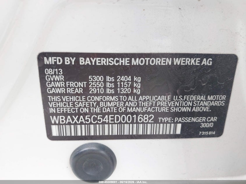 2014 BMW 5er VIN WBAXA5C54ED001682 IAAI salvage auction — FRONT END, Repossession Paperwork (Georgia), sold $6,600 on 2026-07-14 (photo 9)