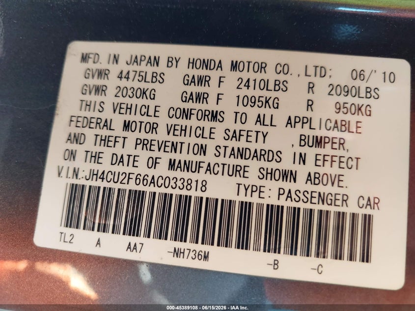 2010 Acura Tsx VIN JH4CU2F66AC033818 IAAI salvage auction — NORMAL WEAR, Notice Of Salvage Retention (California), sold $850 on 2026-07-07 (photo 9)