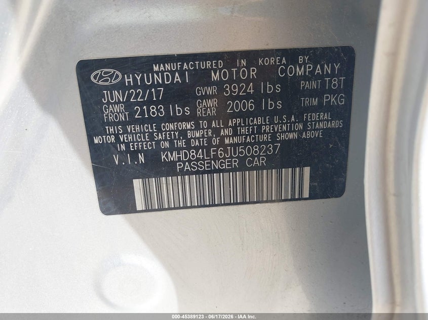 2018 Hyundai Elantra VIN KMHD84LF6JU508237 IAAI salvage auction — FRONT END, Salvage (Texas), sold $25 on 2026-07-27 (photo 9)