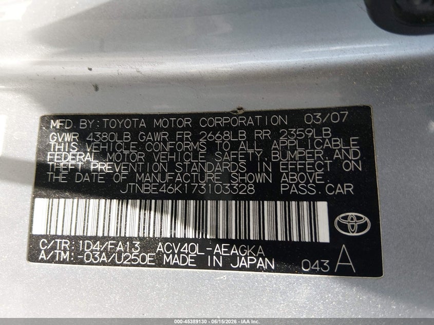 2007 Toyota Camry VIN JTNBE46K173103328 IAAI salvage auction — NORMAL WEAR, Regular (Nevada), sold $275 on 2026-07-24 (photo 9)