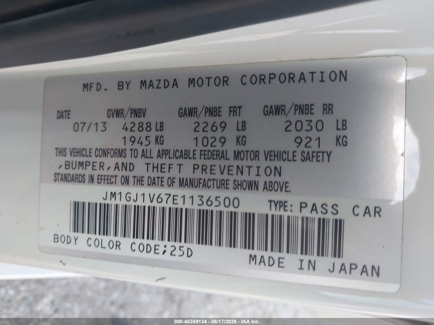 2014 Mazda 6 VIN JM1GJ1V67E1136500 IAAI salvage auction — WATER/FLOOD, Salvage Title, sold $25 on 2026-07-27 (photo 9)