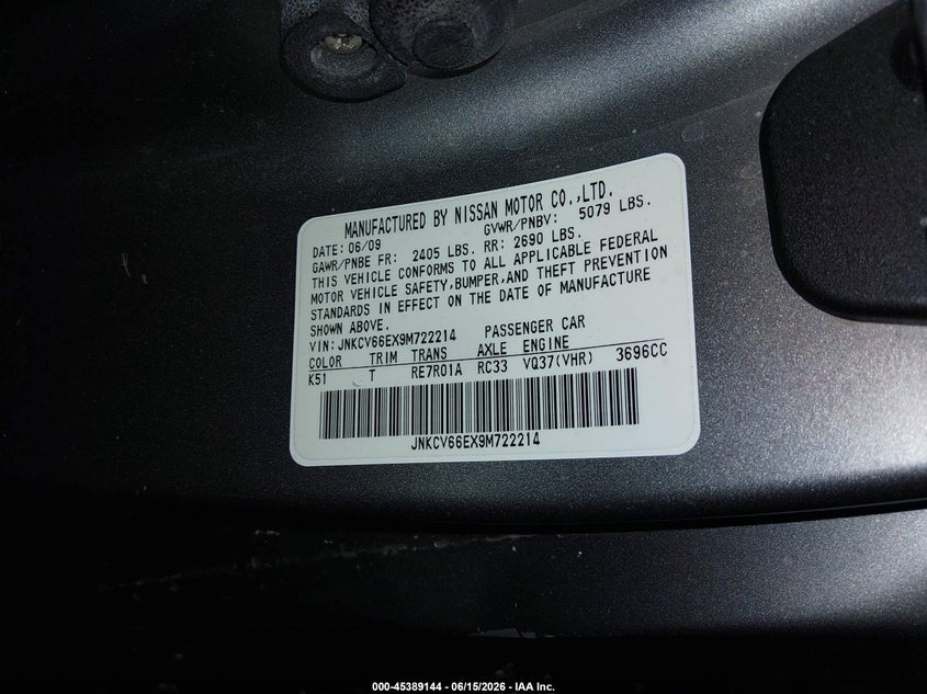 2009 Infiniti G VIN JNKCV66EX9M722214 IAAI salvage auction — SIDE, Salvage (Idaho), sold $2,150 on 2026-07-17 (photo 9)