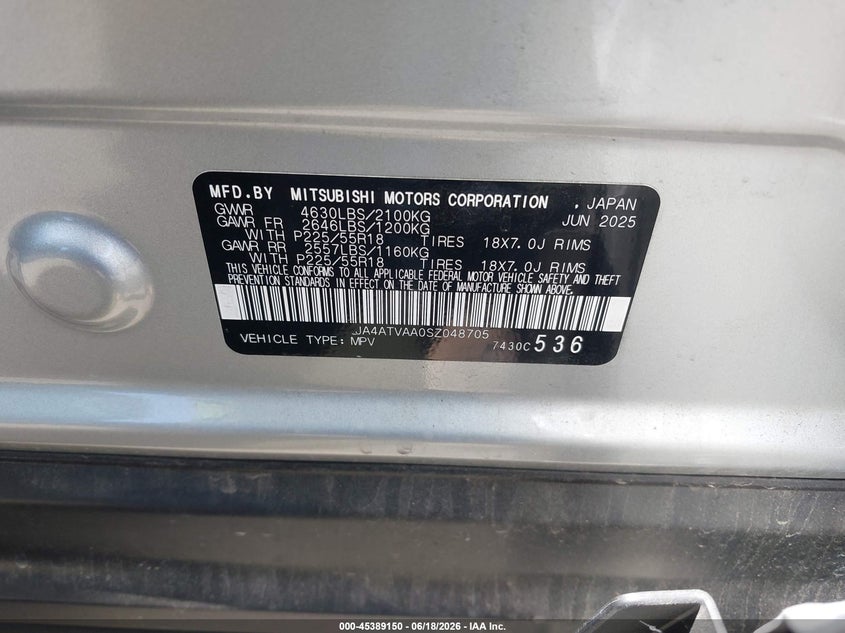 2025 Mitsubishi Eclipse cross VIN JA4ATVAA0SZ048705 IAAI salvage auction — FRONT END, Salvage Title, sold $1,900 on 2026-08-02 (photo 9)