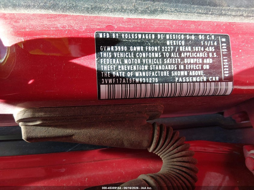 2015 Volkswagen Beetle VIN 3VWF17AT9FM631275 IAAI salvage auction — FRONT END, Salvage Title, sold $1,100 on 2026-07-30 (photo 9)