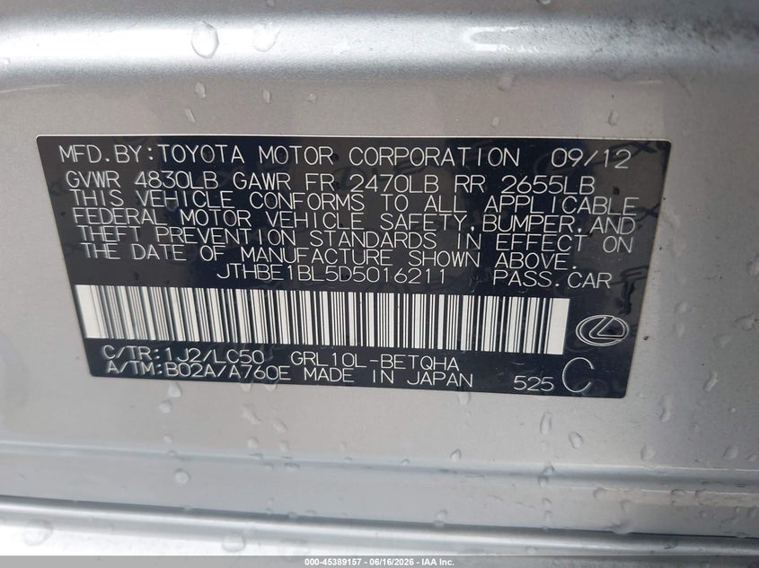 2013 Lexus Gs 350 VIN JTHBE1BL5D5016211 IAAI salvage auction — NORMAL WEAR, Original (Texas), sold $6,700 on 2026-07-08 (photo 9)