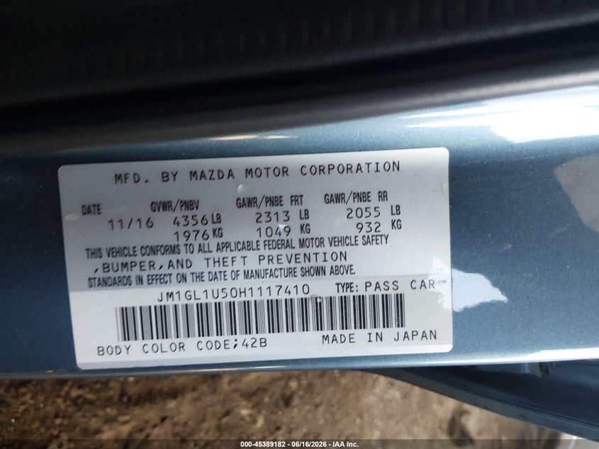 2017 Mazda 6 VIN JM1GL1U50H1117410 IAAI salvage auction — SIDE, Salvage (Arizona), sold $1,750 on 2026-07-29 (photo 9)