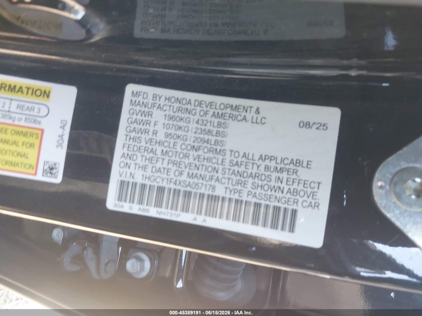 2025 Honda Accord VIN 1HGCY1F4XSA057178 IAAI salvage auction — REAR END, Salvage Title, sold $7,600 on 2026-07-29 (photo 9)