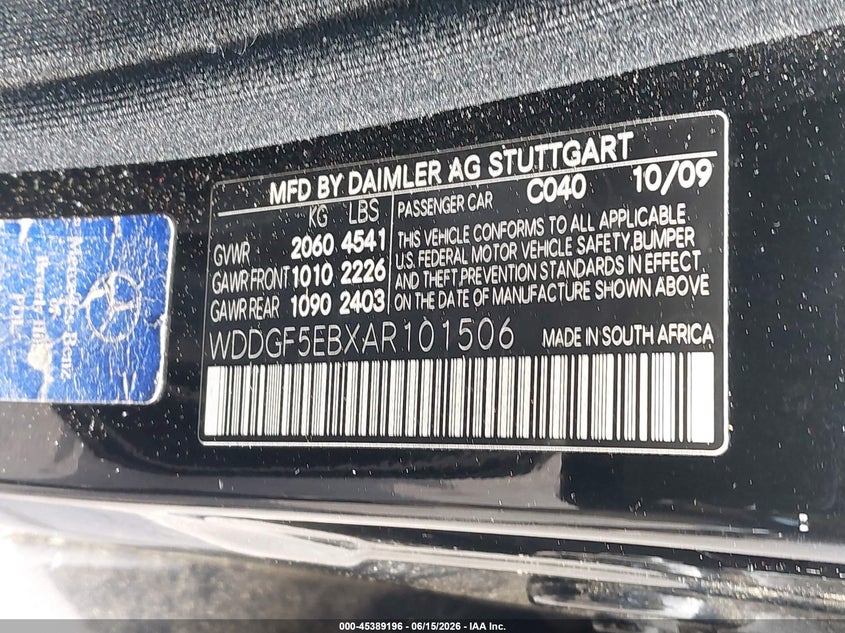 2010 Mercedes-benz C class VIN WDDGF5EBXAR101506 IAAI salvage auction — NORMAL WEAR, Repossession Paperwork (Georgia), sold $50 on 2026-07-15 (photo 9)