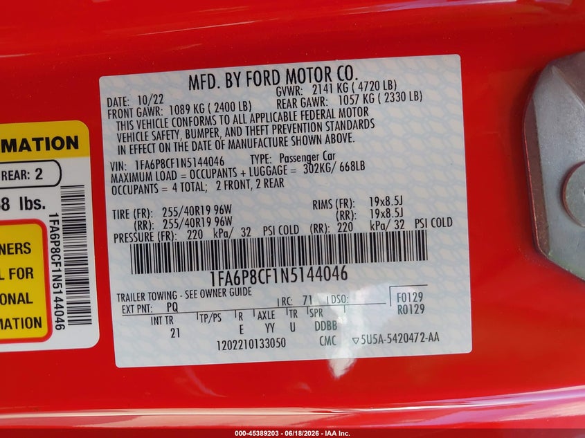 2022 Ford Mustang VIN 1FA6P8CF1N5144046 IAAI salvage auction — FRONT END, Salvage Title, sold $16,900 on 2026-08-22 (photo 9)