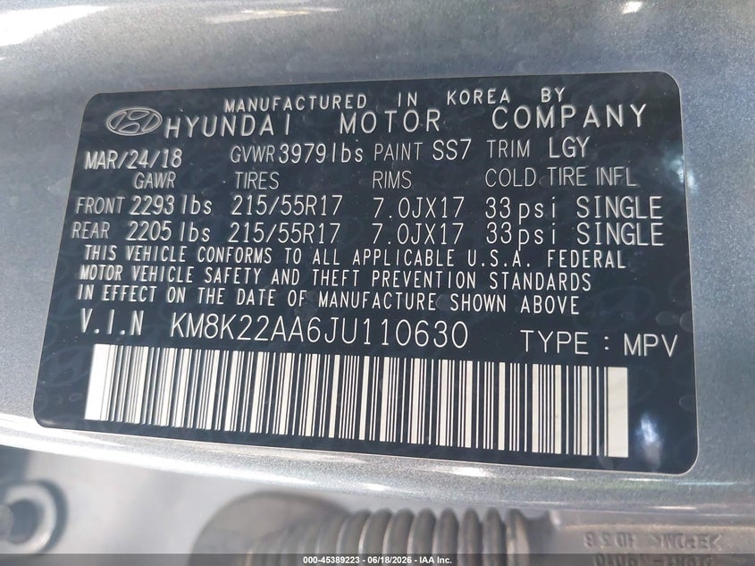 2018 Hyundai Kona VIN KM8K22AA6JU110630 IAAI salvage auction — REAR END, Salvage (Arizona), sold $25 on 2026-07-28 (photo 9)
