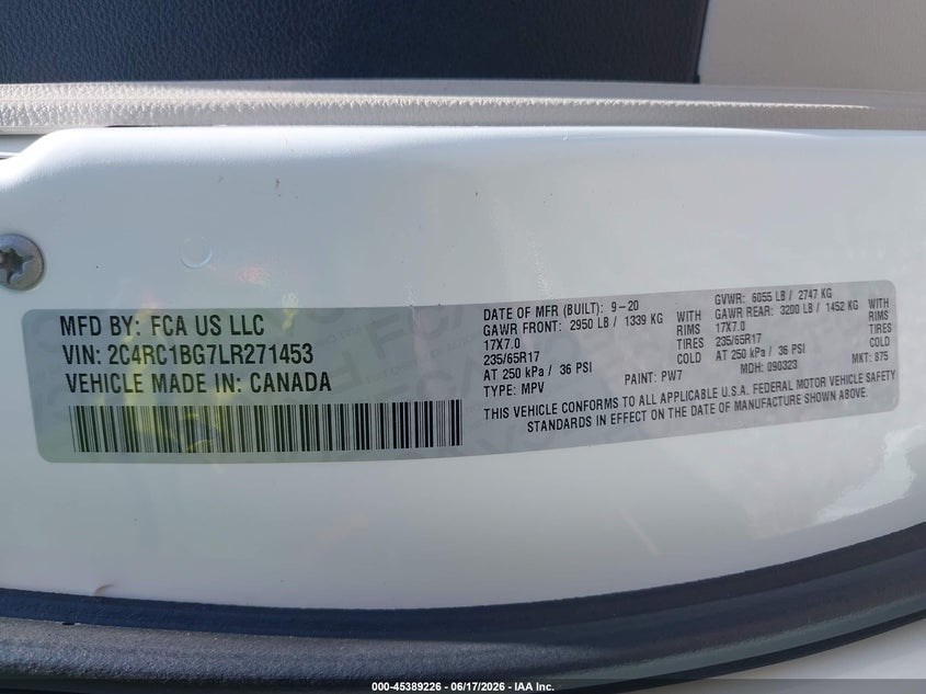 2020 Chrysler Pacifica VIN 2C4RC1BG7LR271453 IAAI salvage auction — FRONT END, Salvage Title, sold $1,350 on 2026-07-12 (photo 9)