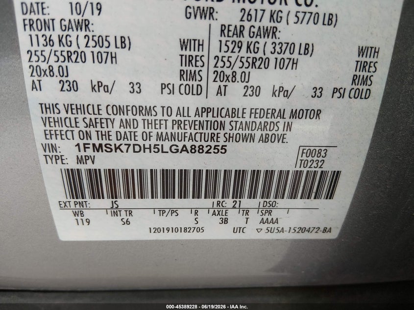 2020 Ford Explorer VIN 1FMSK7DH5LGA88255 IAAI salvage auction — LEFT REAR, Salvage (North Carolina), sold $7,650 on 2026-07-29 (photo 9)
