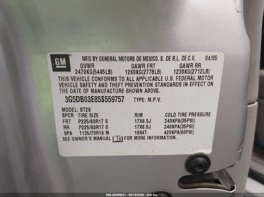 2005 Buick Rendezvous VIN 3G5DB03E85S559757 IAAI salvage auction — NORMAL WEAR, Original (Alaska), sold $675 on 2026-07-10 (photo 9)