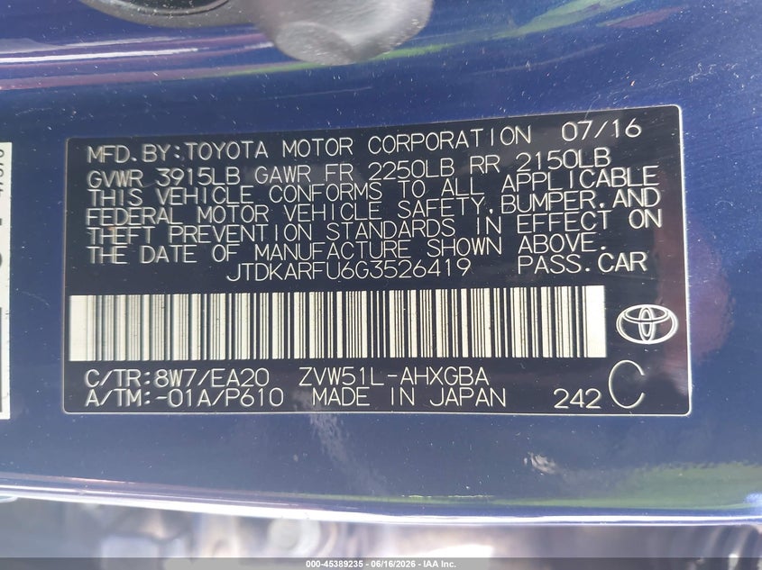 2016 Toyota Prius VIN JTDKARFU6G3526419 IAAI salvage auction — FRONT END, Bill Of Sale (Washington), sold $4,950 on 2026-07-22 (photo 9)