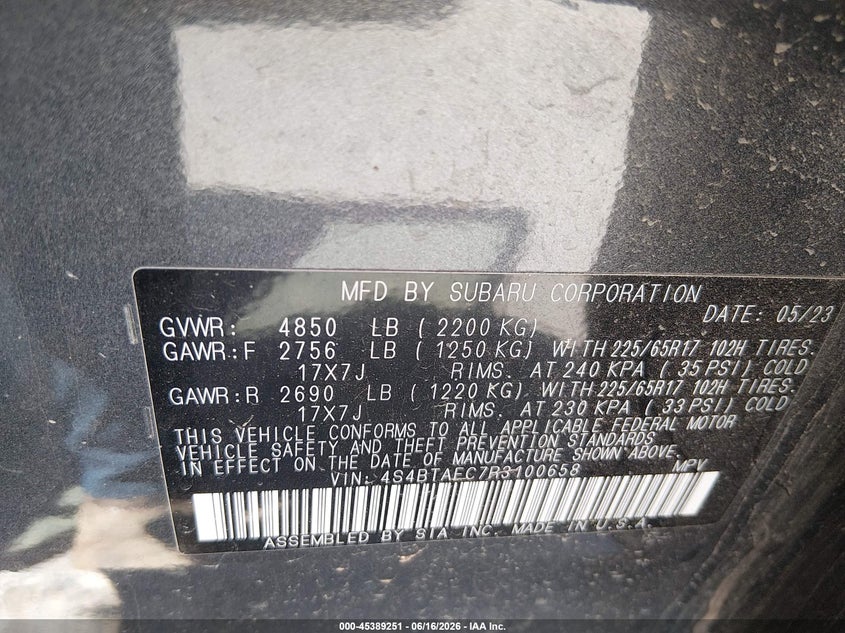2024 Subaru Outback VIN 4S4BTAFC7R3100658 IAAI salvage auction — REAR END, Salvage (California), sold $7,850 on 2026-07-29 (photo 9)