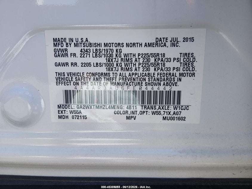 2015 Mitsubishi Outlander sport VIN 4A4AR3AU6FE044442 IAAI salvage auction — NORMAL WEAR, Sf97 (Oregon), sold $25 on 2026-07-29 (photo 9)