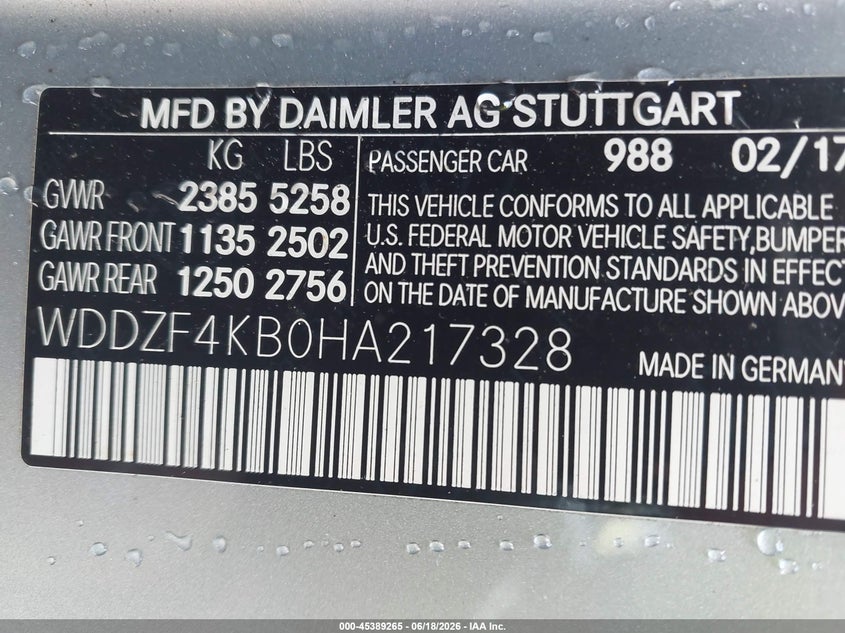 2017 Mercedes-benz E-klasse VIN WDDZF4KB0HA217328 IAAI salvage auction — ENGINE DAMAGE, Salvage (North Carolina), sold $4,300 on 2026-07-23 (photo 9)