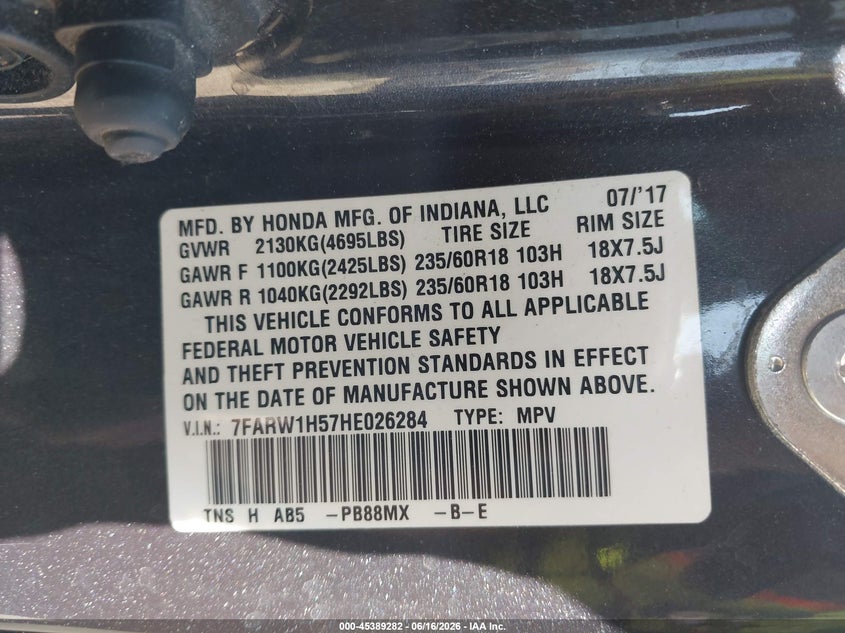 2017 Honda Cr-v VIN 7FARW1H57HE026284 IAAI salvage auction — REAR END, Salvage Title, sold $4,650 on 2026-07-30 (photo 9)