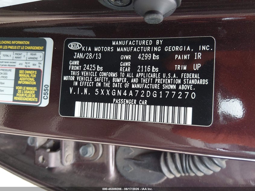 2013 Kia Optima VIN 5XXGN4A72DG177270 IAAI salvage auction — NORMAL WEAR, Clear (Pennsylvania), sold $525 on 2026-07-24 (photo 9)
