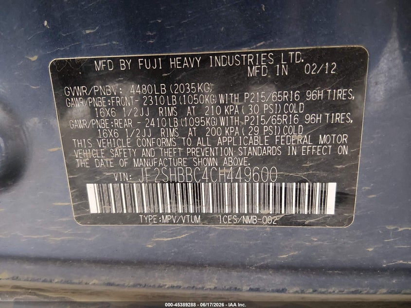 2012 Subaru Forester VIN JF2SHBBC4CH449600 IAAI salvage auction — FRONT END, Original (Alaska), sold $1,650 on 2026-08-01 (photo 9)