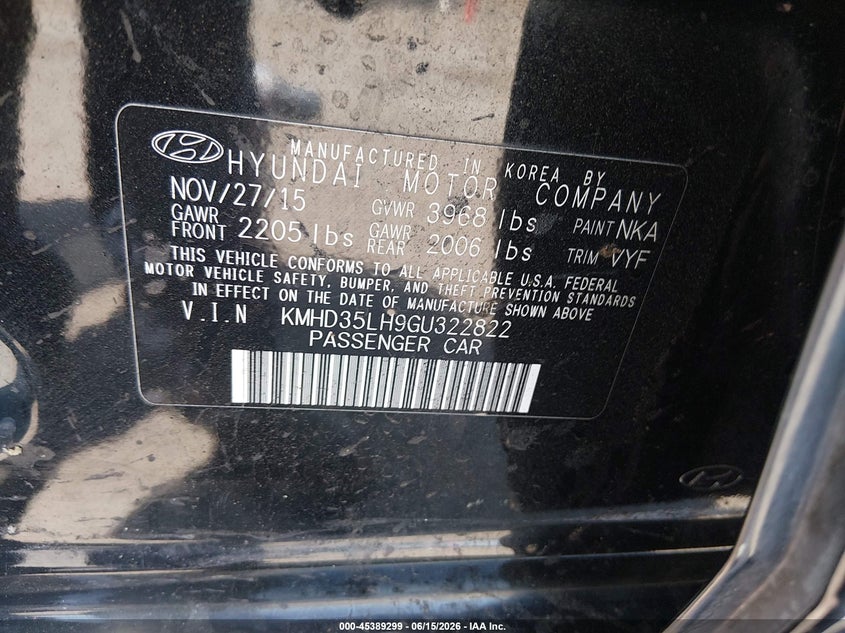 2016 Hyundai Elantra VIN KMHD35LH9GU322822 IAAI salvage auction — RIGHT FRONT, Salvage Title, sold $700 on 2026-07-29 (photo 9)