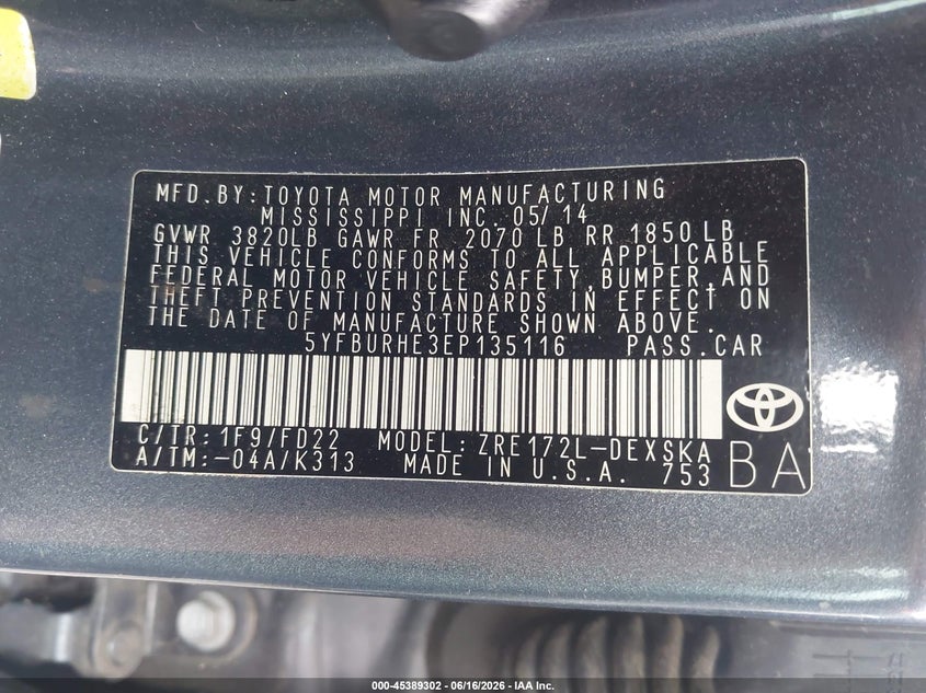 2014 Toyota Corolla VIN 5YFBURHE3EP135116 IAAI salvage auction — NORMAL WEAR, Original (Texas), sold $2,500 on 2026-07-22 (photo 9)