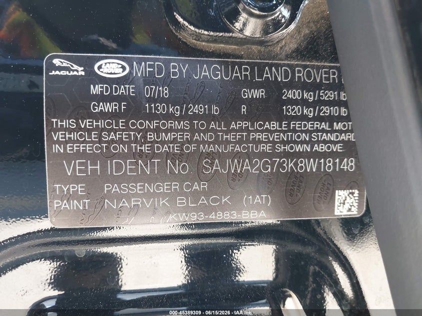 2019 Jaguar Xj VIN SAJWA2G73K8W18148 IAAI salvage auction — FRONT END, Salvage (California), sold $3,600 on 2026-08-02 (photo 9)