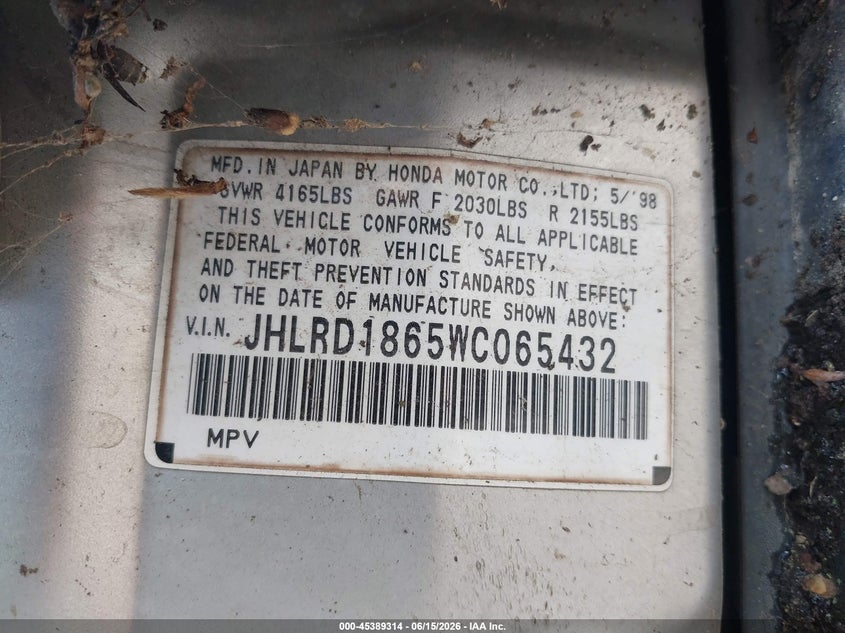 1998 Honda Cr-v VIN JHLRD1865WC065432 IAAI salvage auction — NORMAL WEAR, Clear (North Carolina), sold $425 on 2026-07-08 (photo 9)