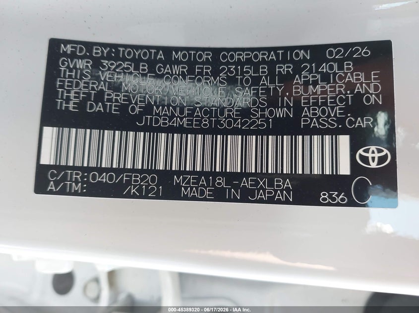 2026 Toyota Corolla VIN JTDB4MEE8T3042251 IAAI salvage auction — LEFT FRONT, Salvage Title, sold $5,900 on 2026-07-15 (photo 9)