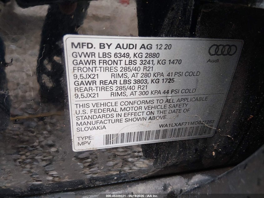 2021 Audi Q7 VIN WA1LXAF71MD027283 IAAI salvage auction — REAR END, Salvage (Arkansas), sold $17,425 on 2026-07-23 (photo 9)