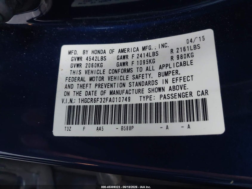2015 Honda Accord VIN 1HGCR6F32FA010749 IAAI salvage auction — FRONT END, Salvage (California), sold $875 on 2026-07-09 (photo 9)