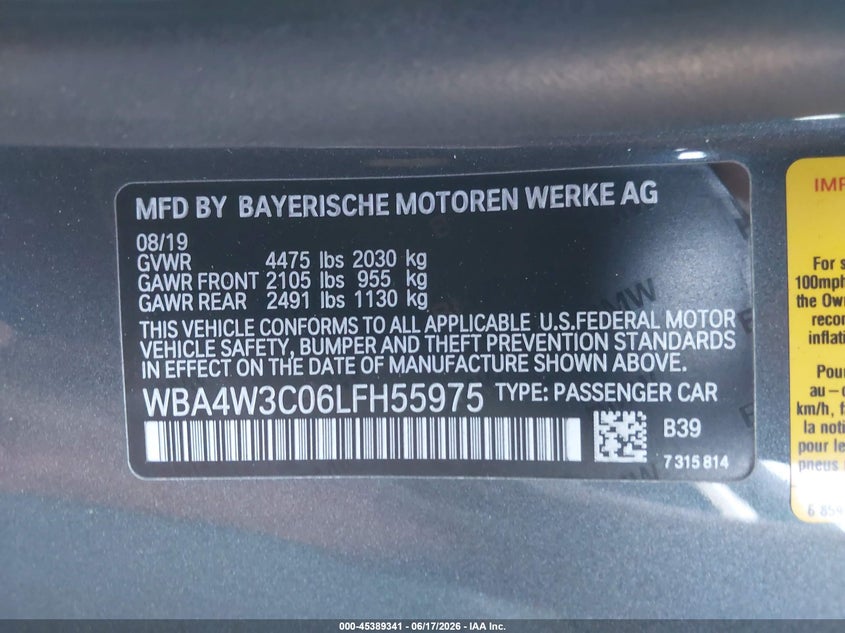 2020 BMW 4er VIN WBA4W3C06LFH55975 IAAI salvage auction — SIDE, Salvage Title, sold $3,850 on 2026-07-22 (photo 9)