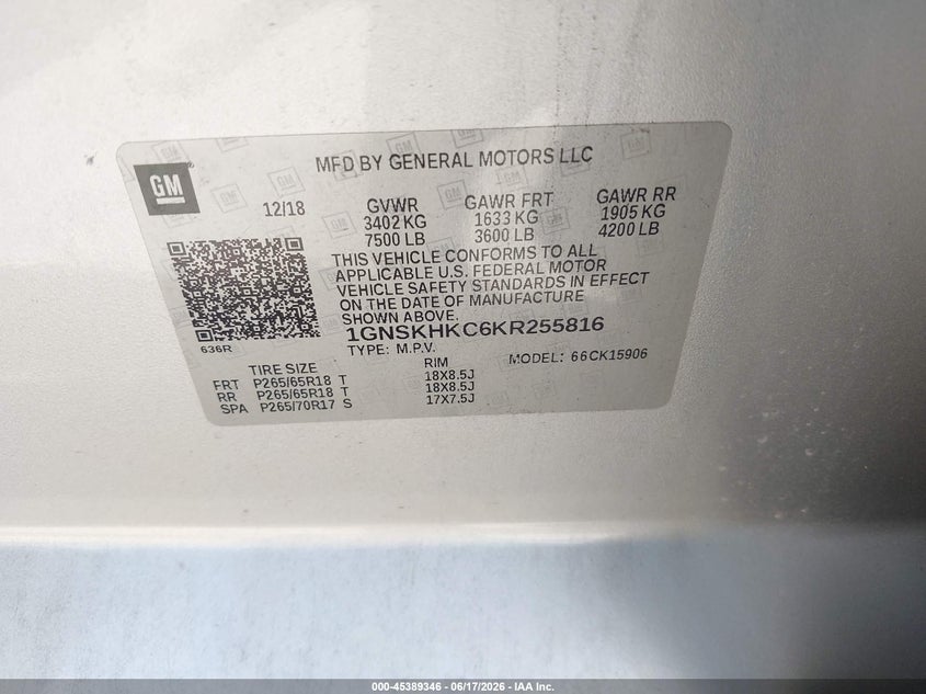 2019 Chevrolet Suburban VIN 1GNSKHKC6KR255816 IAAI salvage auction — LEFT FRONT, Salvage (Texas), sold $3,650 on 2026-07-09 (photo 9)