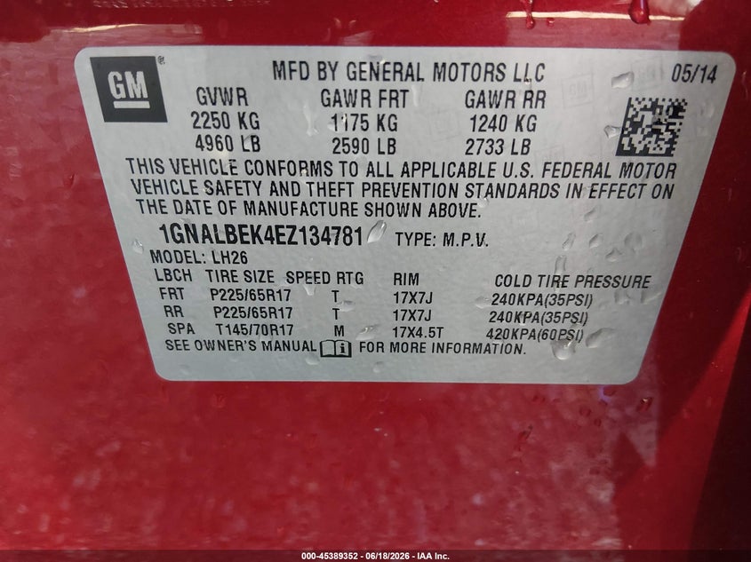 2014 Chevrolet Equinox VIN 1GNALBEK4EZ134781 IAAI salvage auction — FRONT END, Clear (Indiana), sold $750 on 2026-07-19 (photo 9)