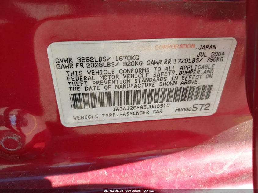 2005 Mitsubishi Lancer VIN JA3AJ26E95U006510 IAAI salvage auction — LEFT SIDE, Salvage (California), sold $425 on 2026-07-14 (photo 9)