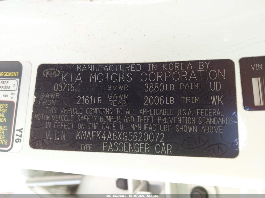2016 Kia Forte VIN KNAFK4A6XG5620072 IAAI salvage auction — NORMAL WEAR, Clear (Georgia), sold $475 on 2026-07-17 (photo 9)