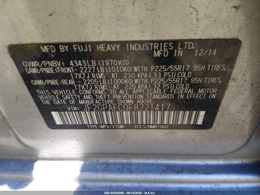 2015 Subaru Xv VIN JF2GPAFC0F8221417 IAAI salvage auction — NORMAL WEAR, Clear (Connecticut), sold $925 on 2026-07-09 (photo 9)