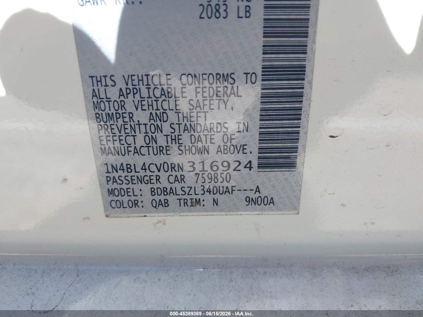 2024 Nissan Altima VIN 1N4BL4CV0RN316924 IAAI salvage auction — RIGHT FRONT, Salvage Title, sold $7,500 on 2026-07-29 (photo 9)
