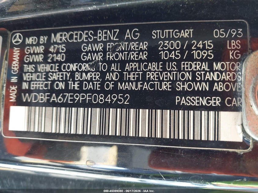1993 Mercedes-benz 500 VIN WDBFA67E9PF084952 IAAI salvage auction — NORMAL WEAR, Clear (California), sold $75 on 2026-07-28 (photo 9)