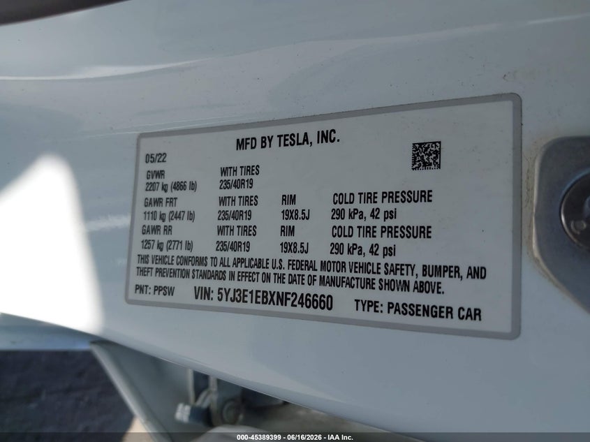 2022 Tesla Model 3 VIN 5YJ3E1EBXNF246660 IAAI salvage auction — REAR END, Salvage Certificate (California), sold $6,500 on 2026-07-12 (photo 9)
