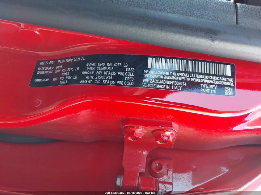 2015 Jeep Renegade VIN ZACCJABH0FPB69214 IAAI salvage auction — NORMAL WEAR, Clear (Washington), sold $750 on 2026-07-29 (photo 9)