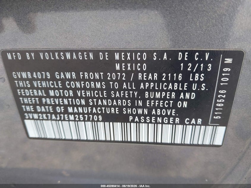 2014 Volkswagen Jetta VIN 3VW2K7AJ7EM257709 IAAI salvage auction — NORMAL WEAR, Salvage Title, sold $25 on 2026-07-23 (photo 9)