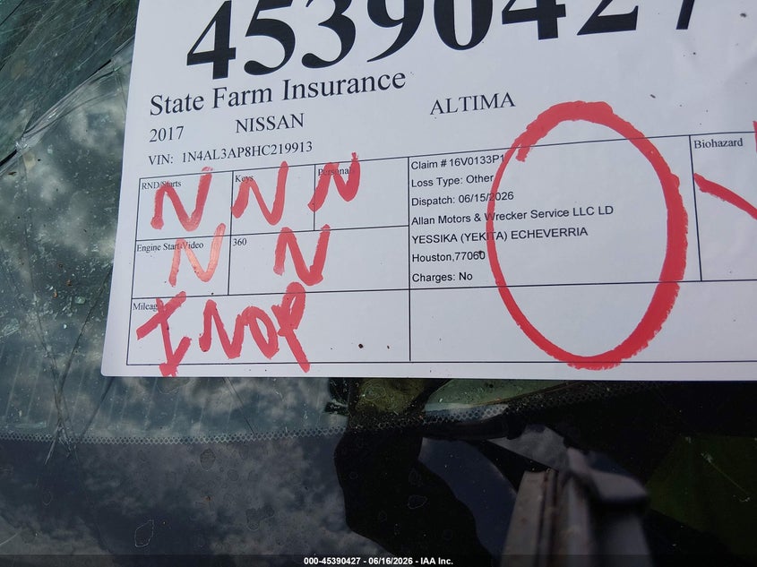 2017 Nissan Altima VIN 1N4AL3AP8HC219913 IAAI salvage auction — STORM DAMAGE, Salvage (Kansas), sold $525 on 2026-07-31 (photo 7)