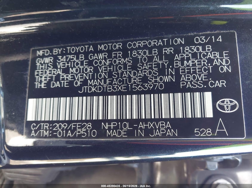 2014 Toyota Prius c VIN JTDKDTB3XE1563970 IAAI salvage auction — FRONT END, Clear (Florida), sold $525 on 2026-07-22 (photo 9)