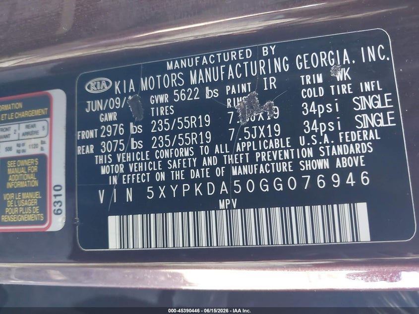 2016 Kia Sorento VIN 5XYPKDA50GG076946 IAAI salvage auction — NORMAL WEAR, Clear (Pennsylvania), sold $2,100 on 2026-07-24 (photo 9)