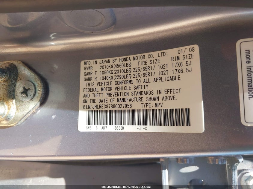 2008 Honda Cr-v VIN JHLRE38788C027956 IAAI salvage auction — NORMAL WEAR, Clear (Missouri), sold $1,100 on 2026-07-13 (photo 9)