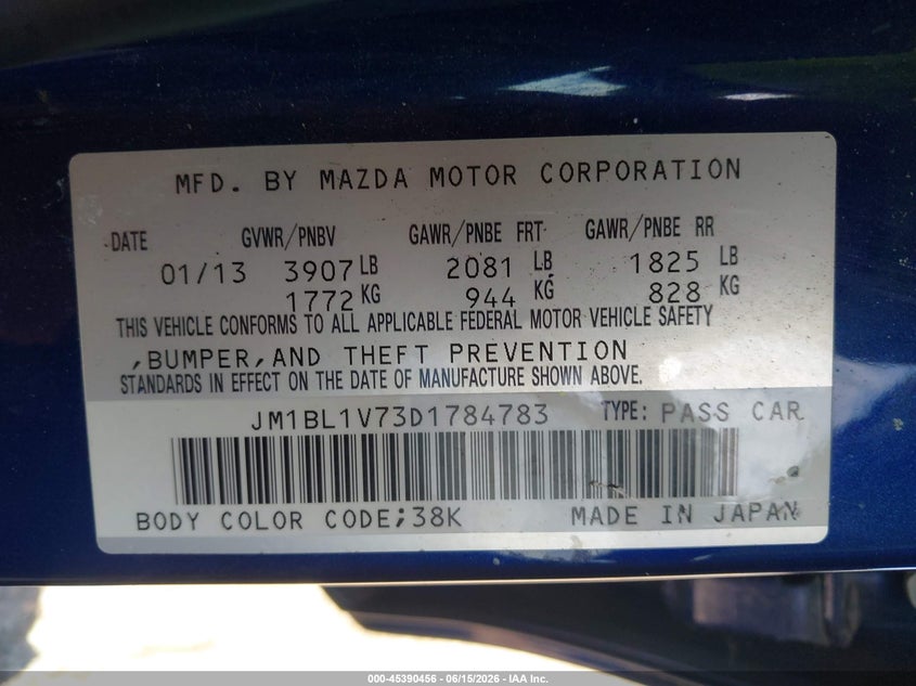2013 Mazda 3 VIN JM1BL1V73D1784783 IAAI salvage auction — NORMAL WEAR, Clear (Missouri), sold $1,250 on 2026-07-15 (photo 9)