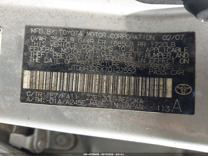 2007 Toyota Corolla VIN JTDBR32EX70127552 IAAI salvage auction — NORMAL WEAR, Clear (Montana), sold $325 on 2026-07-28 (photo 9)