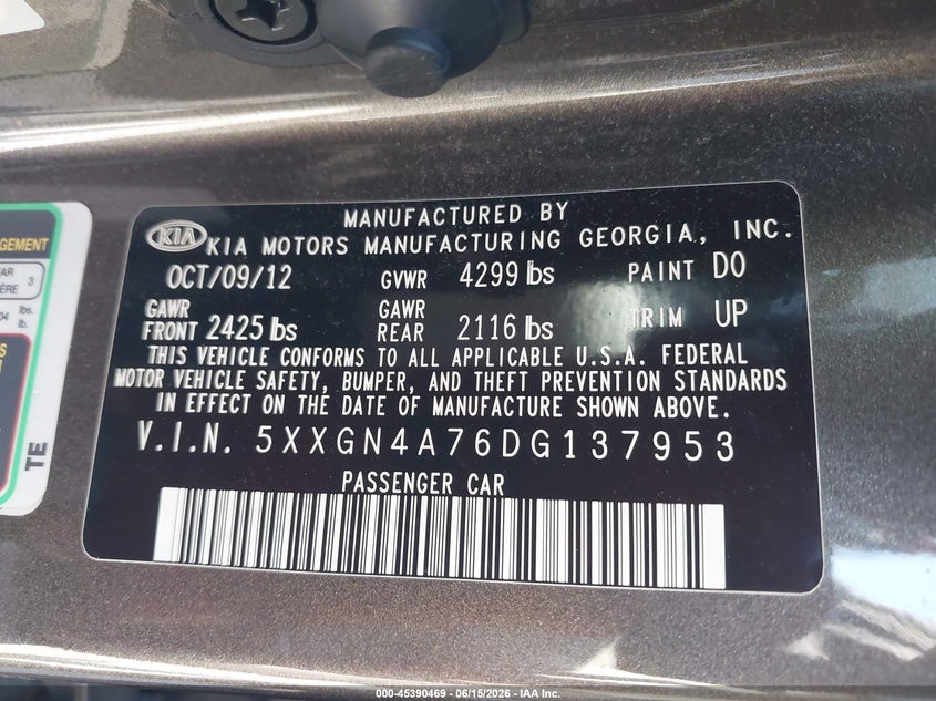 2013 Kia Optima VIN 5XXGN4A76DG137953 IAAI salvage auction — NORMAL WEAR, Clear (Tennessee), sold $450 on 2026-07-16 (photo 9)