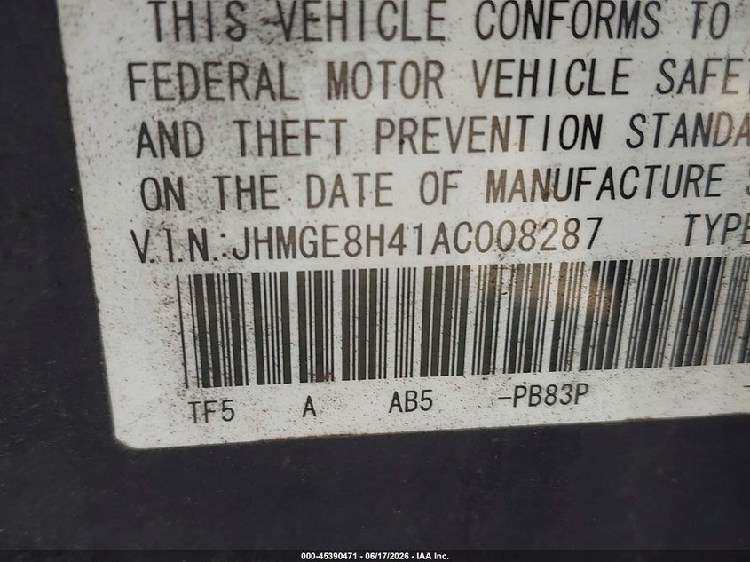 2010 Honda Fit VIN JHMGE8H41AC008287 IAAI salvage auction — NORMAL WEAR, Clear (Virginia), sold $500 on 2026-07-13 (photo 9)